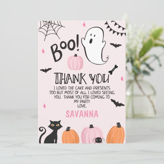 Pink Ghost Halloween Geburtstag Danke Karte (Stehend Vorderseite)