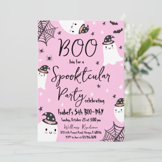 Pink Ghost Spooktacular Halloween Geburtstag Einladung (Stehend Vorderseite)