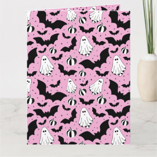 Pink ghosts, bats and pumpkins karte