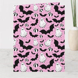Pink ghosts, bats and pumpkins karte