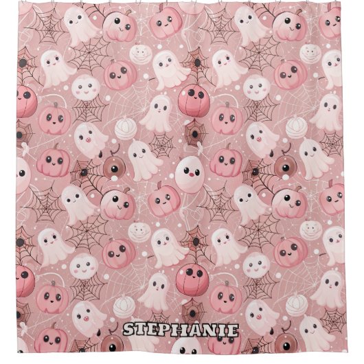 Pink Ghosts & Pumpkins Whimsisches Halloween Duschvorhang (Vorderseite)