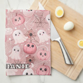 Pink Ghosts & Pumpkins Whimsisches Halloween Geschirrtuch (Viertel Falte)