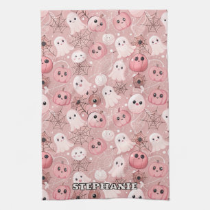 Pink Ghosts & Pumpkins Whimsisches Halloween Geschirrtuch
