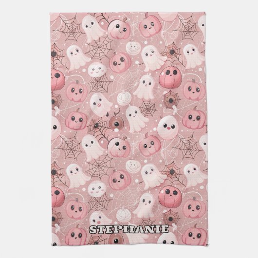 Pink Ghosts & Pumpkins Whimsisches Halloween Geschirrtuch (Vertikal)