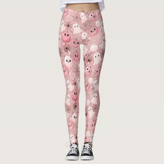 Pink Ghosts & Pumpkins Whimsisches Halloween Leggings (Vorderseite)