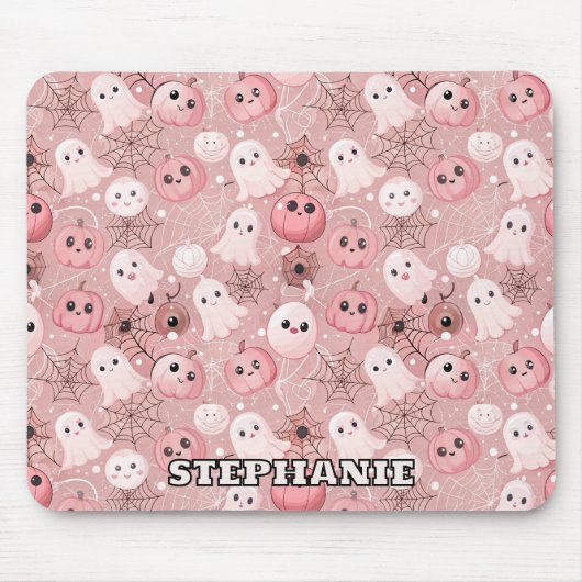 Pink Ghosts & Pumpkins Whimsisches Halloween Mousepad (Vorne)