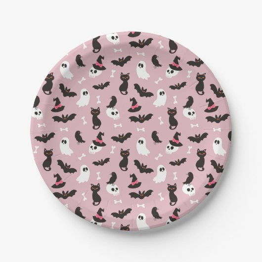 Pink Ghosts Skulls Ravens Cats Halloween Muster Pappteller (Vorderseite)