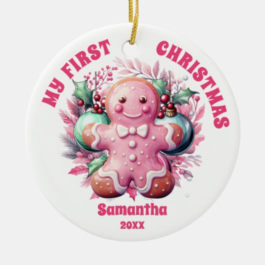 Pink Gingerbread Baby's First Christmas Ornament (Vorne)