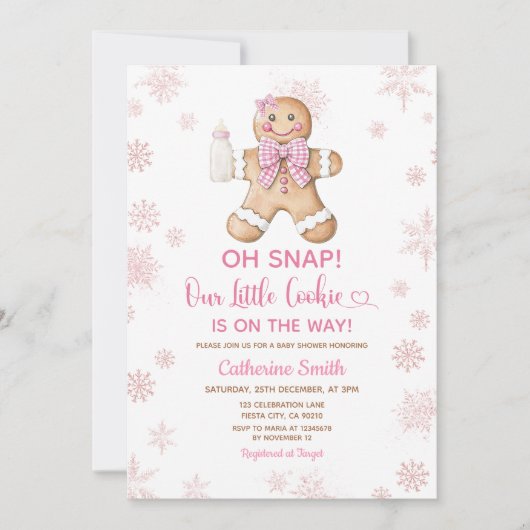 Pink Gingerbread Christmas Baby Shower Snowflakes Einladung (Vorderseite)