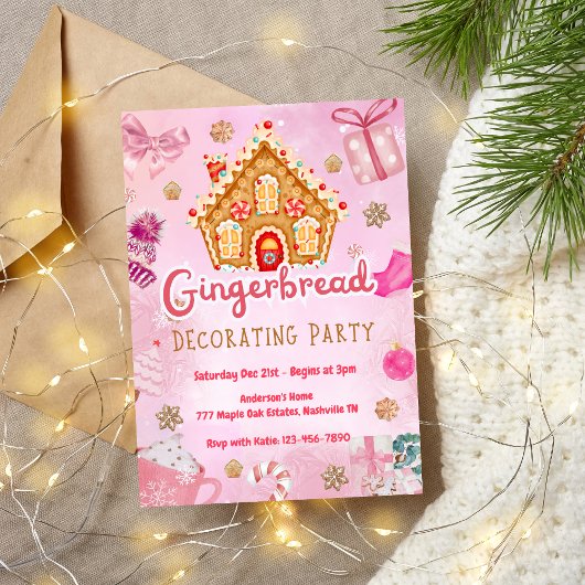 Pink Gingerbread Haus Dekorieren Party Einladung