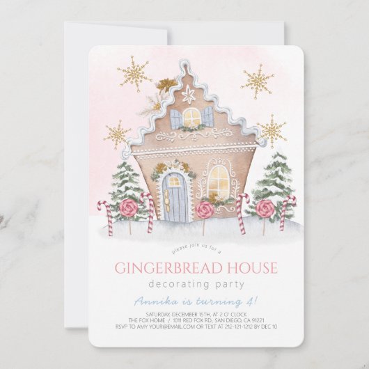 Pink Gingerbread Haus zum Geburtstag Einladung (Vorderseite)