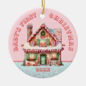 Pink Gingerbread House Baby's First Christmas Keramik Ornament (Vorne)