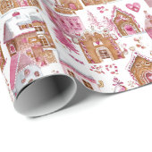 Pink Gingerbread House Christmas Wrapping Paper Geschenkpapier (Rolleneckpunkt)