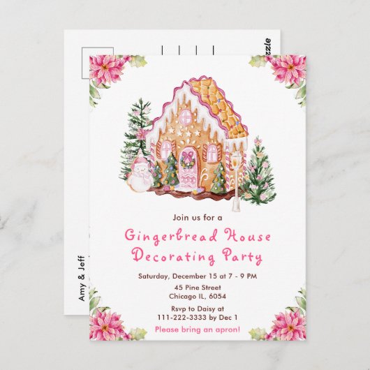 Pink Gingerbread House Dekoratives Party Postkarte (Vorne/Hinten)