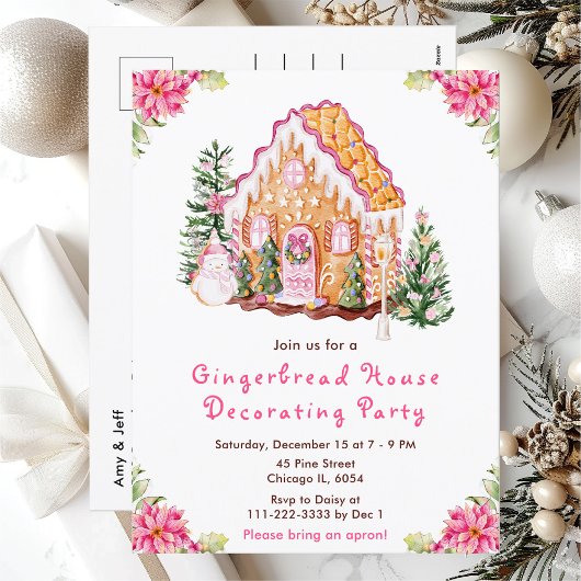 Pink Gingerbread House Dekoratives Party Postkarte