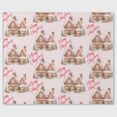 Pink Gingerbread House Frohe Weihnachten Geschenkpapier (Flach)
