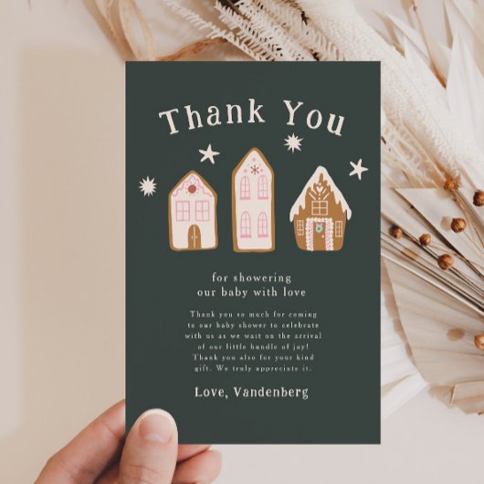 Pink Gingerbread House Holiday Baby Shower Dankeskarte