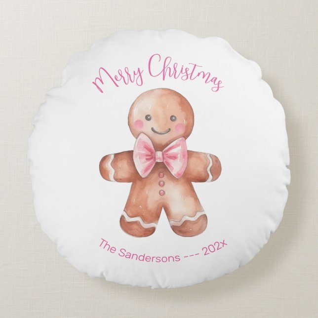 Pink Gingerbread Man Christmas  Rundes Kissen (Vorderseite)