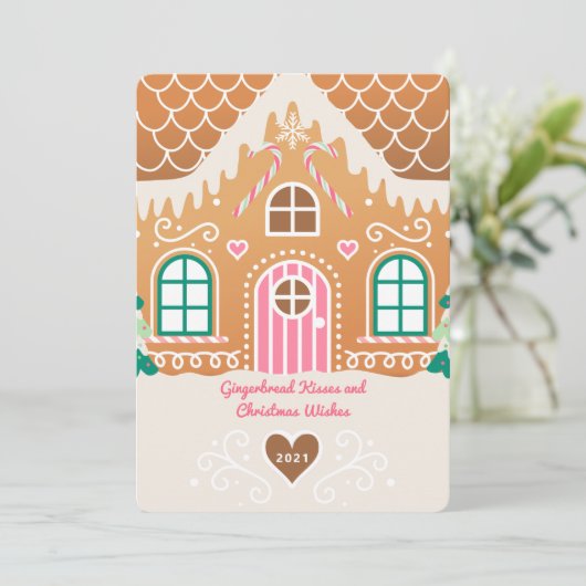 Pink Gingerbrei House Foto Weihnachtskarte Einladung (Stehend Vorderseite)