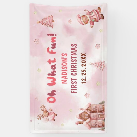 Pink Gingerbrett Weihnachten Erster Geburtstag Banner (Vertikal)