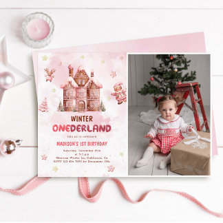 Pink Gingerbrett Weihnachten Erster Geburtstag Einladung