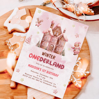 Pink Gingerbrett Weihnachten Erster Geburtstag Einladung