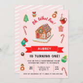 Pink Gingerbrett Weihnachten Erster Geburtstag Einladung (Vorne/Hinten)