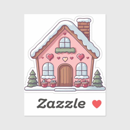 Pink Gingerbrot Haus mit Herz Aufkleber (Blatt)