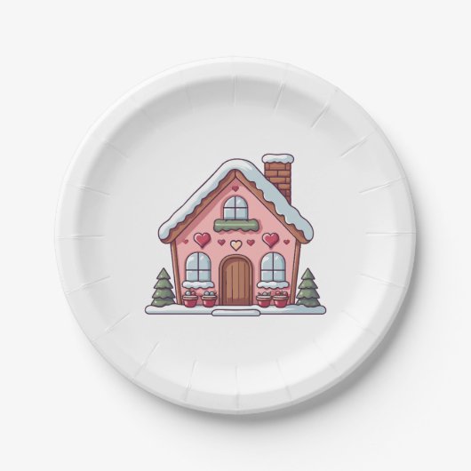 Pink Gingerbrot Haus mit Herz Pappteller (Vorderseite)