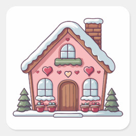 Pink Gingerbrot Haus mit Herz Quadratischer Aufkleber