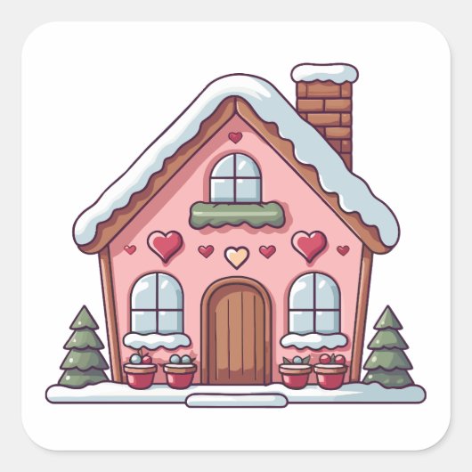 Pink Gingerbrot Haus mit Herz Quadratischer Aufkleber (Vorderseite)