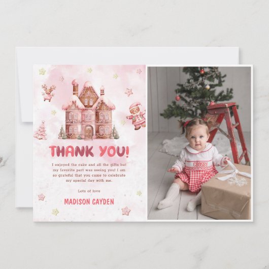 Pink Gingerbrot Weihnachten Geburtstag Foto Dankeskarte (Vorderseite)
