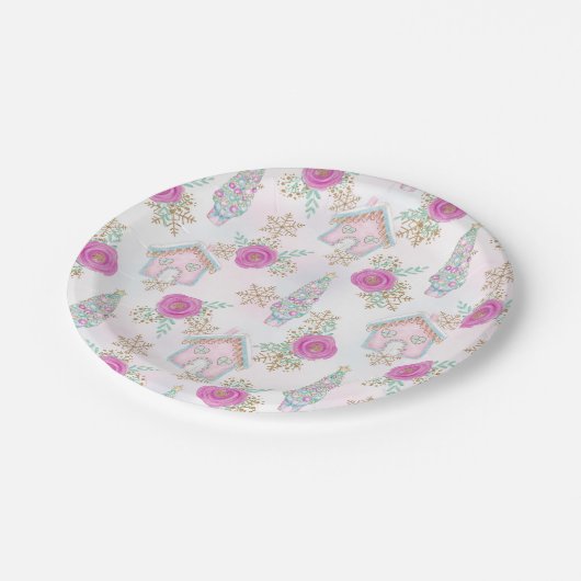 Pink Gingerbrot Weihnachten Pappteller (Schrägansicht)