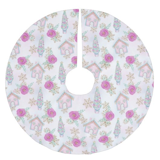 Pink Gingerbrot Weihnachten Polyester Weihnachtsbaumdecke (Vorderseite)