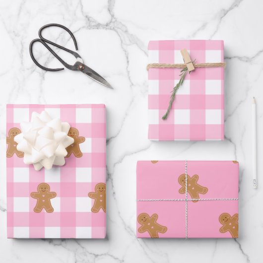 Pink Gingerbrot Wrapping Paper Set 3 Geschenkpapier Set (Vorderseite)