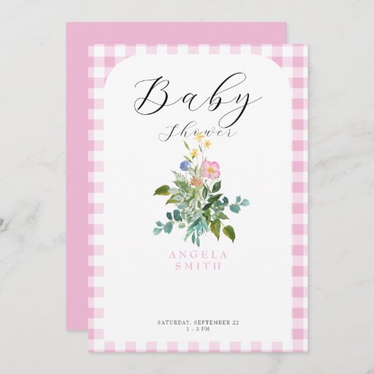 Pink Gingham Arch Wildblume Babydusche Einladung (Vorne/Hinten)
