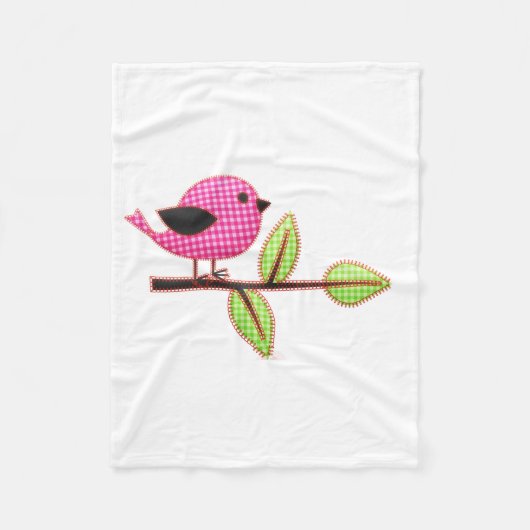 Pink Gingham Baby Bird Stickerei Blätter Fleecedecke (Vorderseite)
