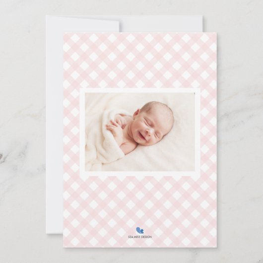 Pink Gingham Baby Birth Ankündigung Foto-Karte (Rückseite)