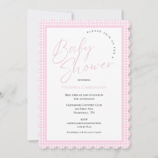 Pink Gingham Baby Dusche Einladung (Vorderseite)