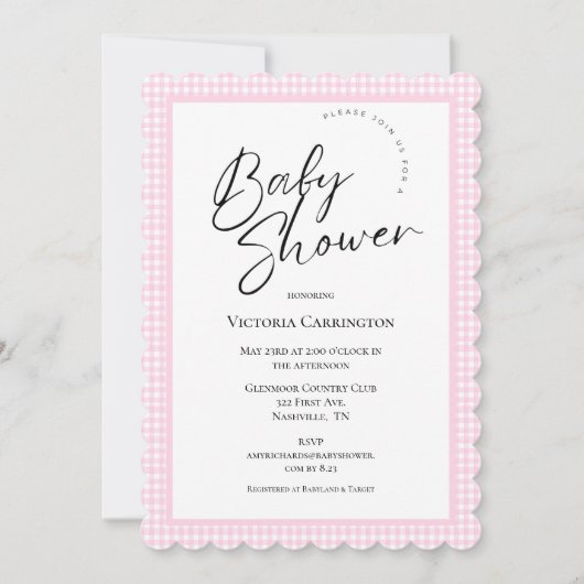 Pink Gingham Baby Dusche Einladung (Vorderseite)