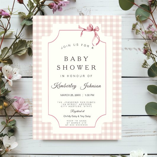 Pink Gingham Baby Dusche Einladung mit Bow