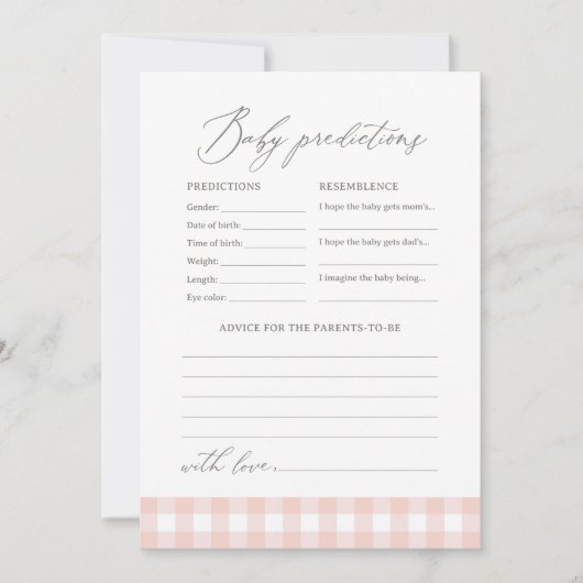 Pink Gingham Baby Dusche Vorhersagen und Ratschläg Einladung (Vorderseite)