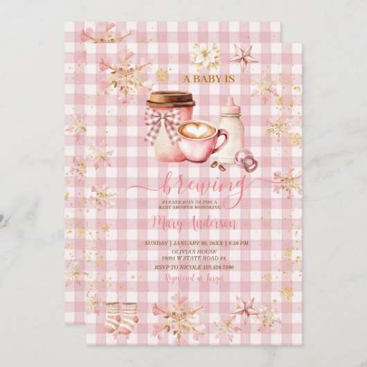 Pink Gingham Baby Is Brewing Winter Baby Shower Einladung (Vorne/Hinten)