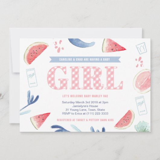 Pink Gingham Baby-q Paares Baby Shower for Girl Einladung (Vorderseite)