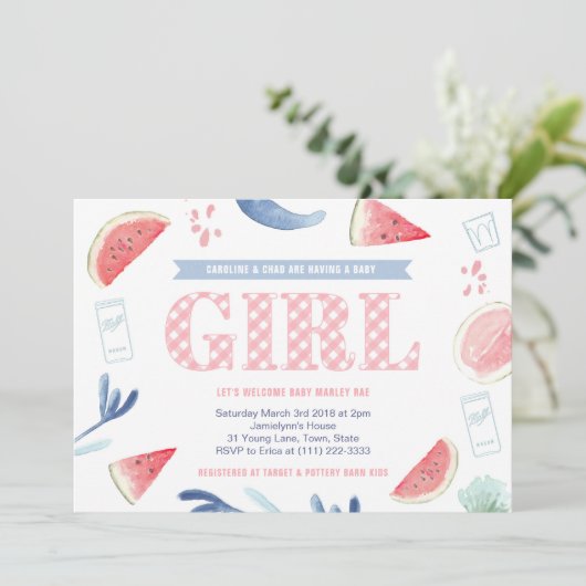 Pink Gingham Baby-q Paares Baby Shower for Girl Einladung (Stehend Vorderseite)