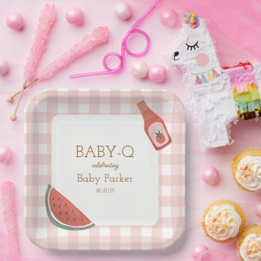 Pink Gingham Baby-Q Square Plate Pappteller (Party)