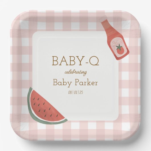 Pink Gingham Baby-Q Square Plate Pappteller (Vorderseite)