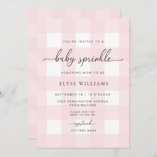 Pink Gingham Baby Sprinkle Einladung (Vorne/Hinten)