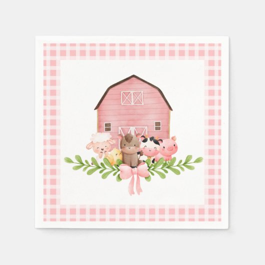 Pink Gingham Barnyard Birthday Paper Napkins Serviette (Vorderseite)
