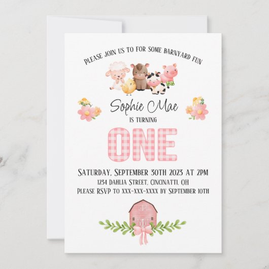 Pink Gingham Barnyard Einladung zum Geburtstag (Vorderseite)